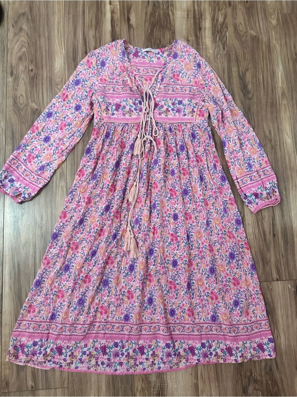 Girls Pink Floral Boho Tassel Dress